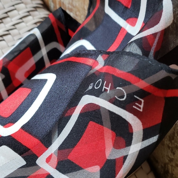 ECHO vintage printed Silk Scarf Red,Black,White 54"x11" EUC (scarf only) - Picture 5 of 8
